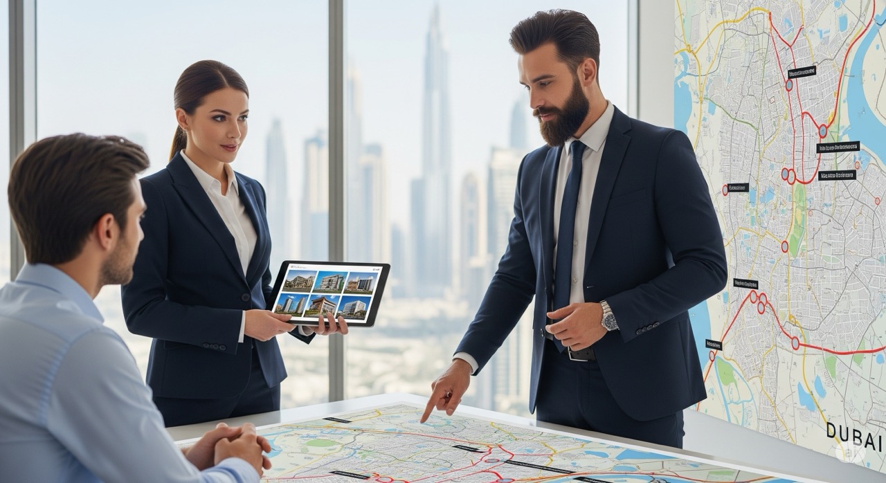 stock image of professional real estate agents helping to choose the right location.