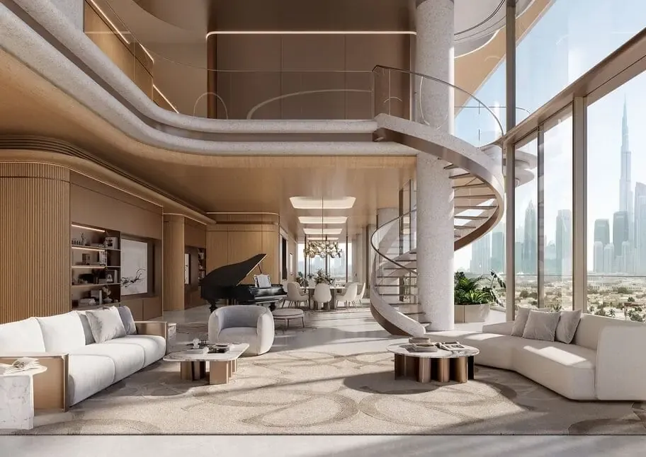 Elegant duplex apartment interior at Rosehill by Emaar in Dubai Hills Estate, featuring floor-to-ceiling windows, a spiral staircase, and panoramic views of Burj Khalifa – listed by Lavinia Properties