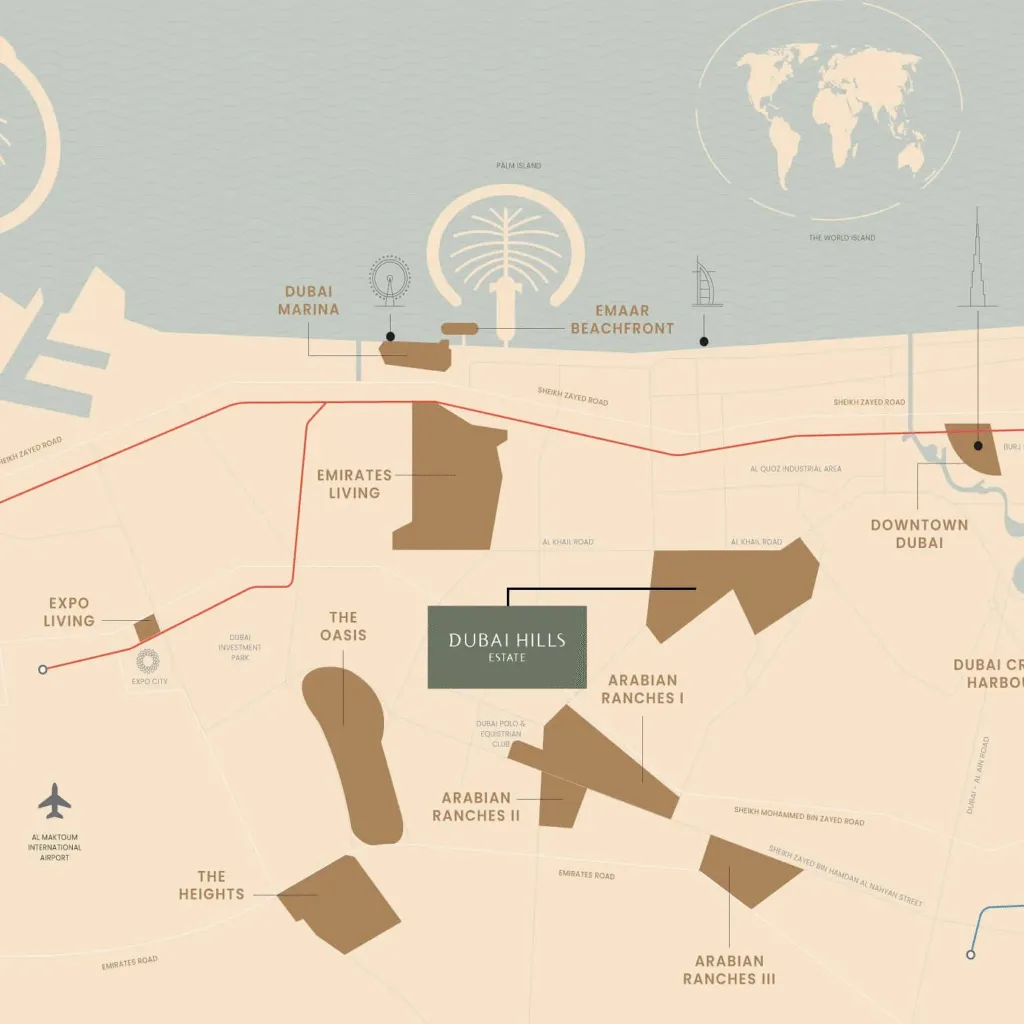 Map showing the location of Rosehill by Emaar in Dubai Hills Estate, near Downtown Dubai, Dubai Marina, and Emirates Living – uploaded by Lavinia Properties