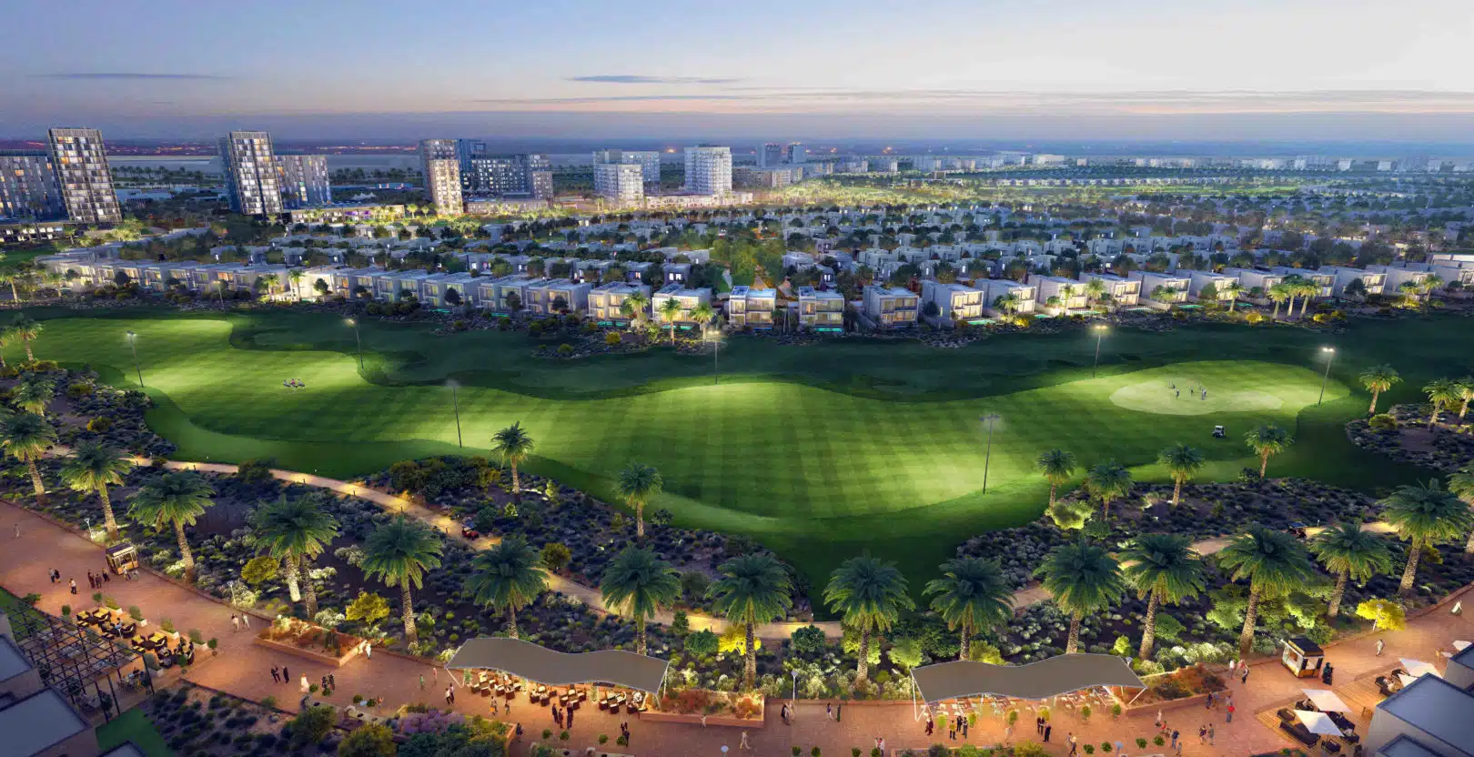 Aerial view of Dubai South residential community development near Al Maktoum International Airport showing urban growth and new housing stock