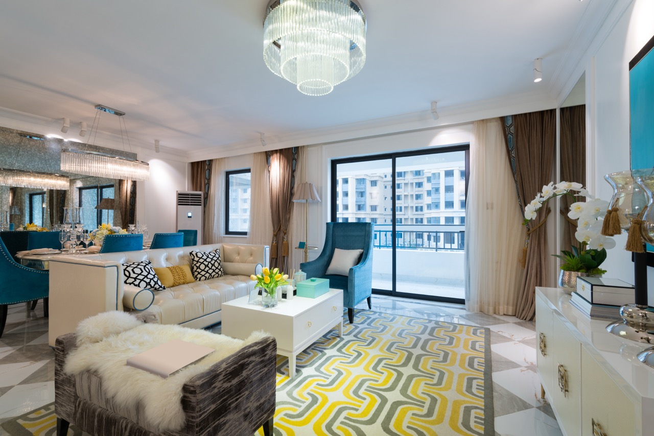 Furnished luxury apartment interior in Dubai set up as a holiday home rental with modern decor and city views