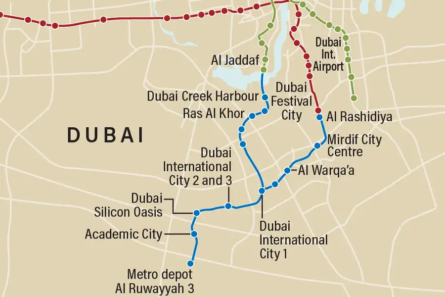Dubai Metro Blue Line route map showing the two branches connecting Al Jaddaf to Academic City and Centrepoint to International City with all 14 stations marked