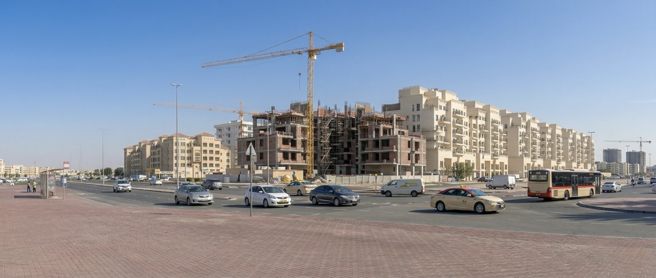 Street view of Al Warsan 4 residential buildings with community amenities and green spaces in eastern Dubai
