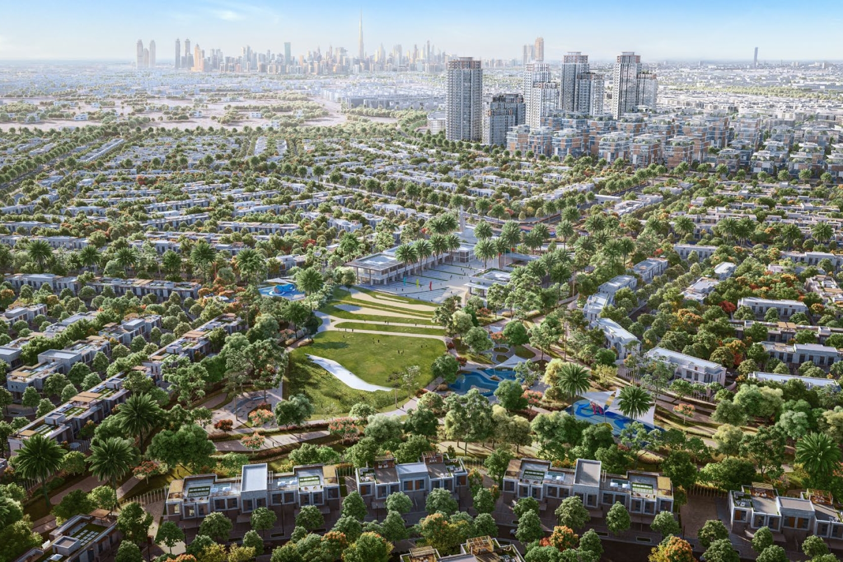 Nakheel Green Wood masterplan in Warsan 4 showing the transit-oriented development zone designed around a future metro station with mixed-use mid-rise apartment buildings