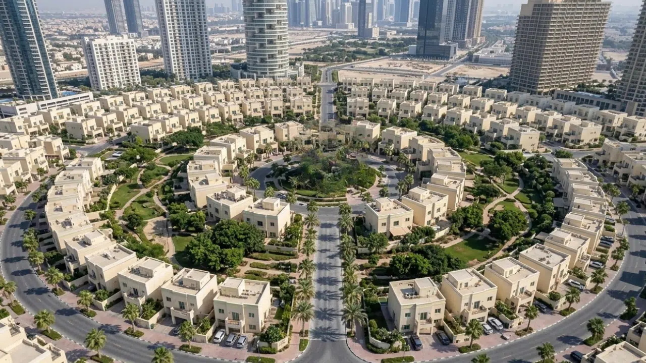 Mid-rise apartment buildings in a Dubai community representing the diversity of stock that drives variation in service charges and yields